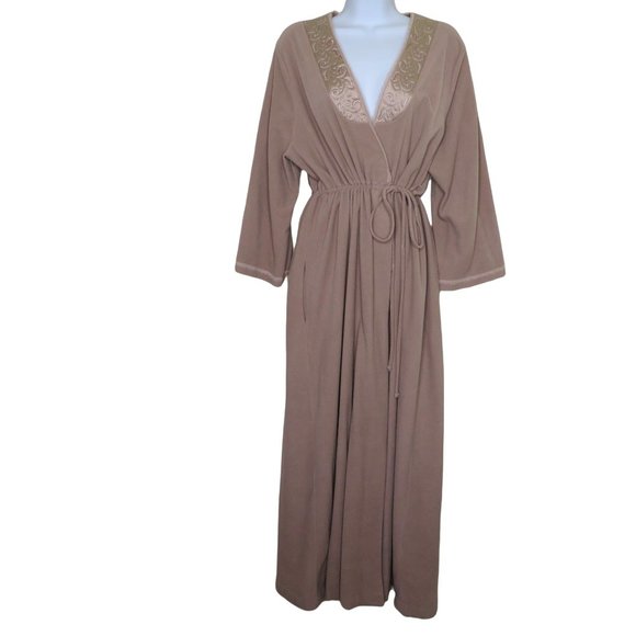 Vintage 70s Full Length Bath Robe M Brown Quilted Neckline Tie Waist USA Made - Picture 3 of 12